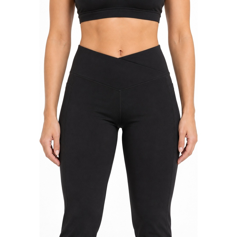 Black Crossover Waist Pocket Leggings Women's Size L High Rise 7/8 Activewear
